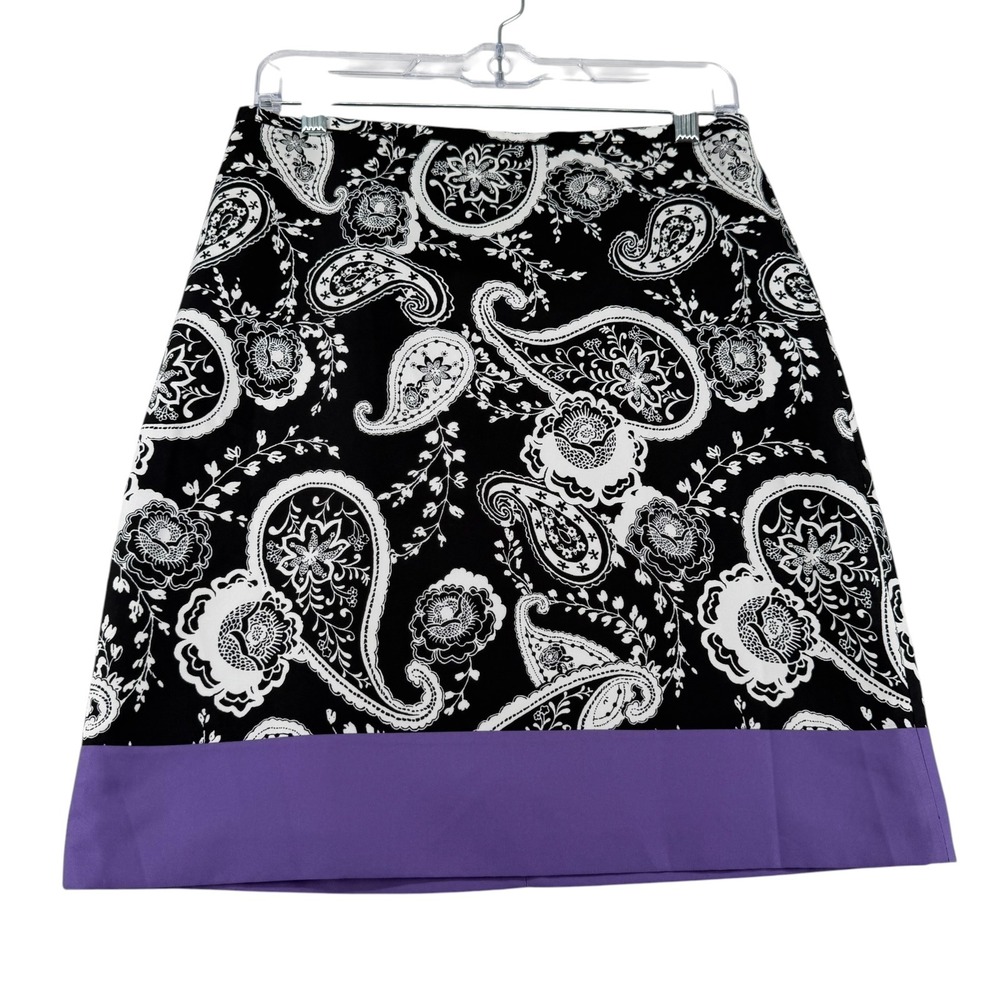Ann Taylor LOFT Paisley Floral A-Line Skirt Lined Womens 4 Black White Purple